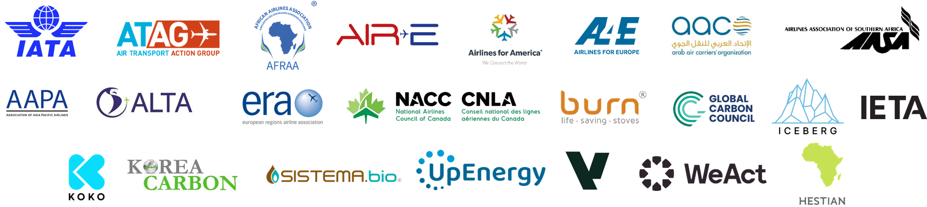 Logos of signatories of a joint statement at the 42nd ICAO Assembly calling for host country action to enable CORSIA compliance